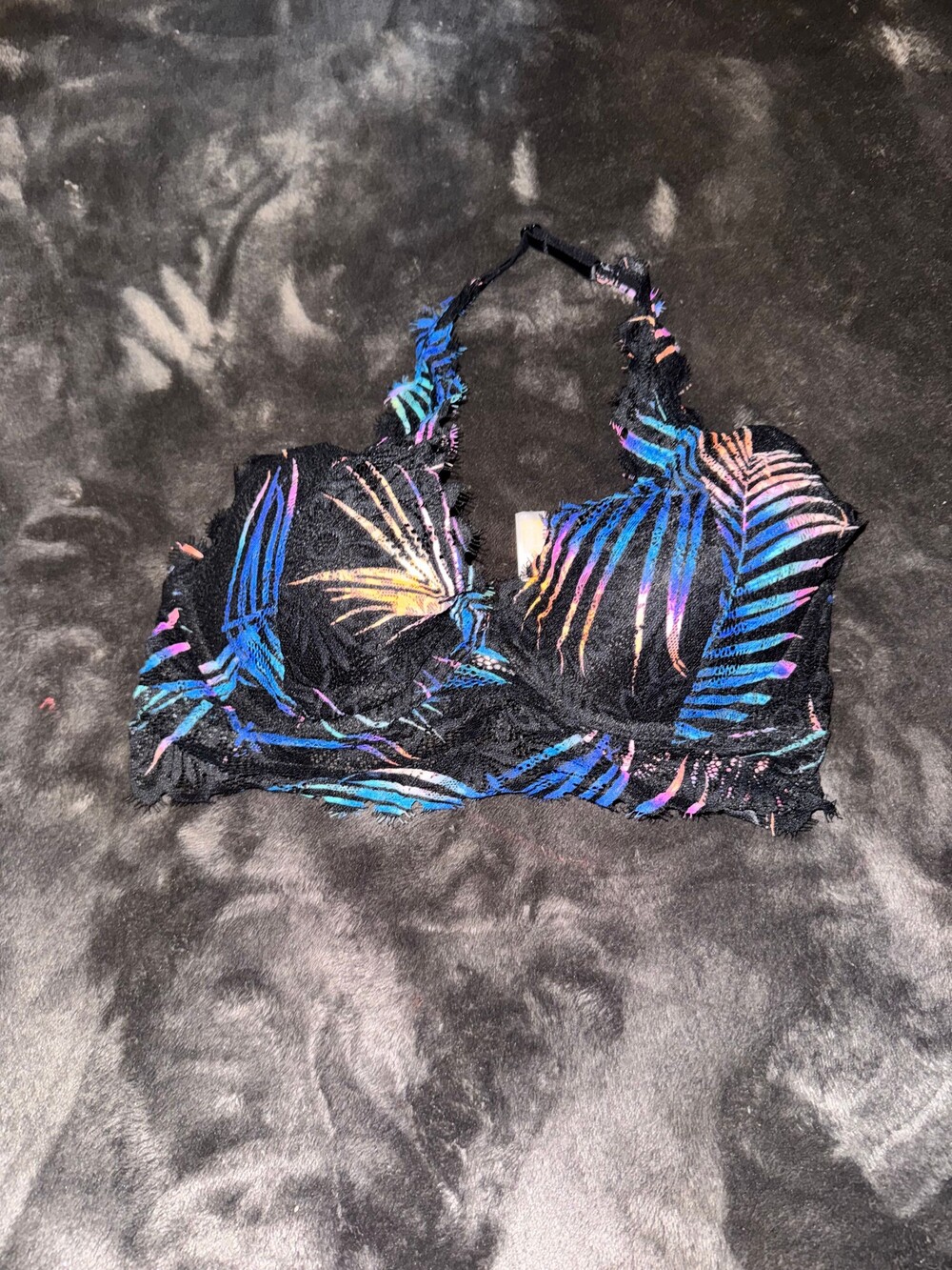 Victoria's Secret Pink 32C Black Lace Trim Bra Multicolor Leaf Print